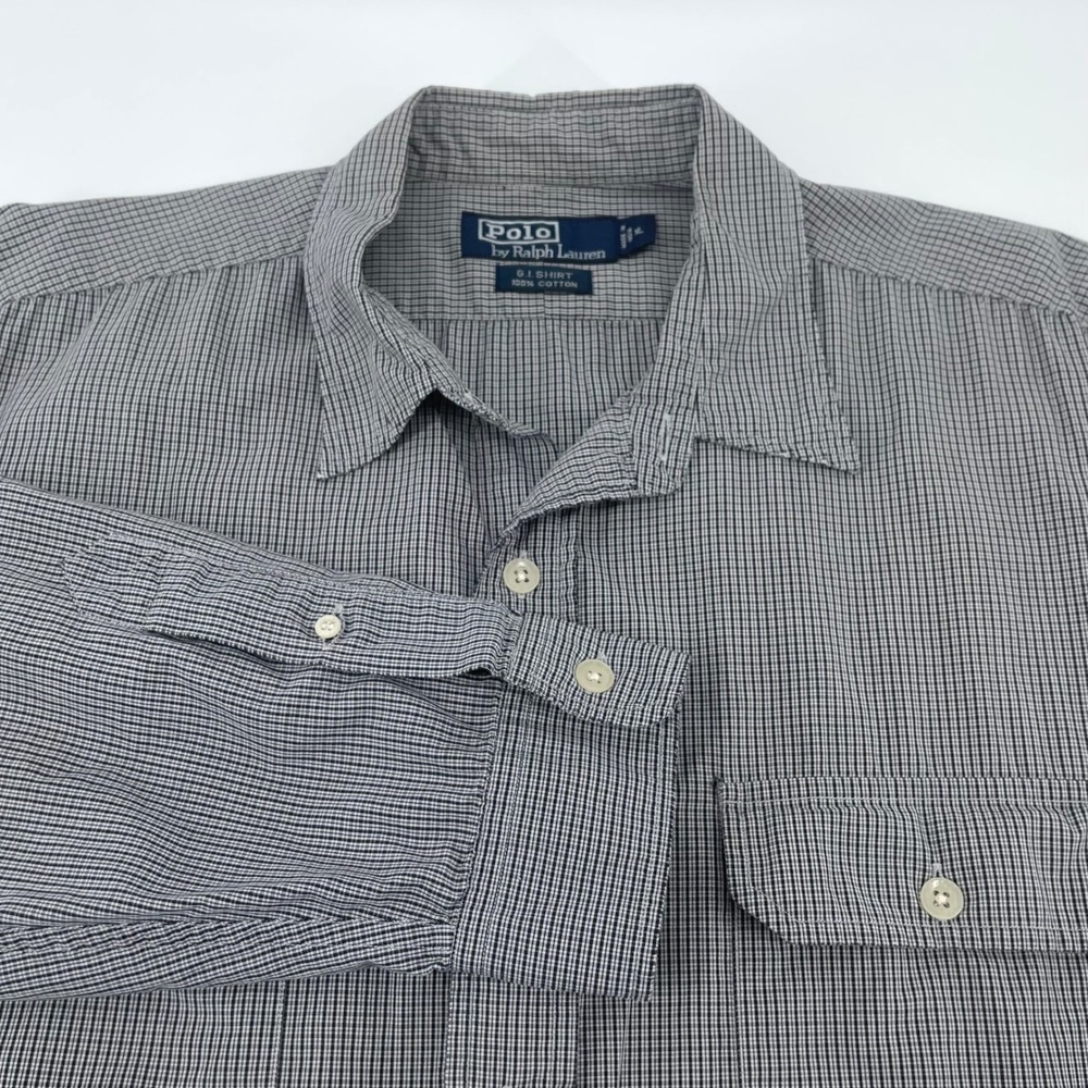 VTG Polo Ralph Lauren G.I. Shirt Mens XL Black Check Cotton Button Long Sleeve